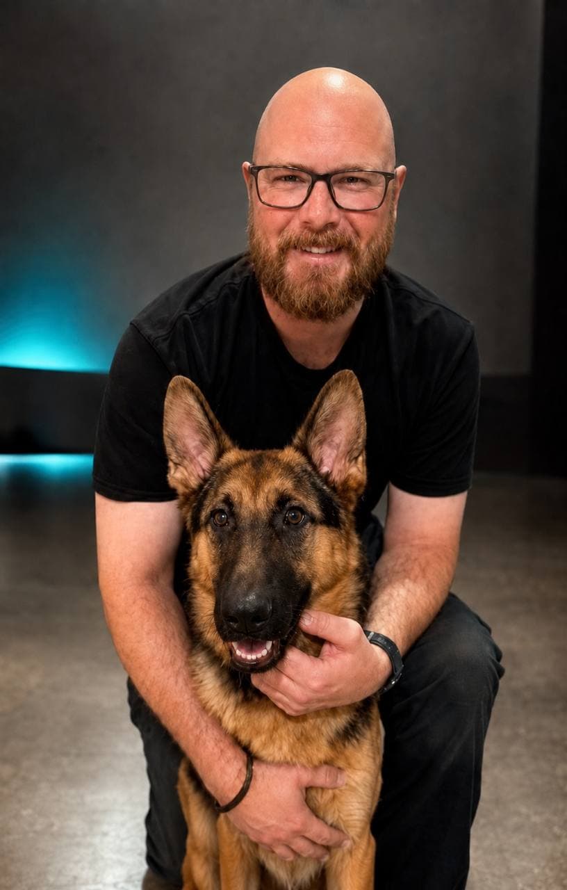 Brent Morrow, founder of Ironmane Creative, with his German Shepherd