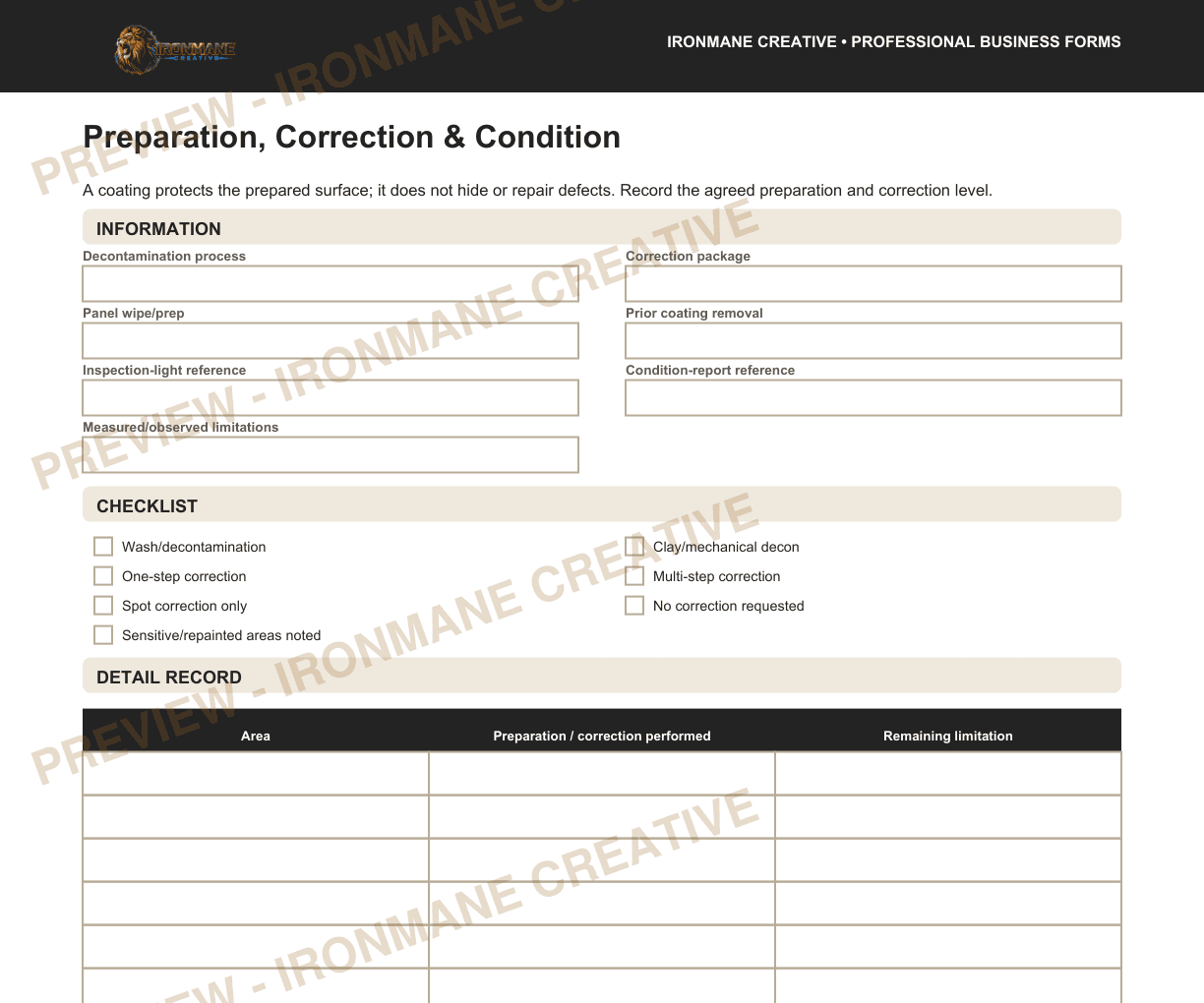 Watermarked partial interior preview of Ceramic Coating Agreement, Warranty Acknowledgment & Care Requirements: Preparation, correction, and condition excerpt