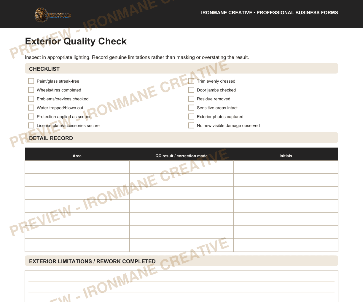 Watermarked partial interior preview of Final Quality Check, Customer Handoff & Aftercare Form: Exterior quality-check excerpt