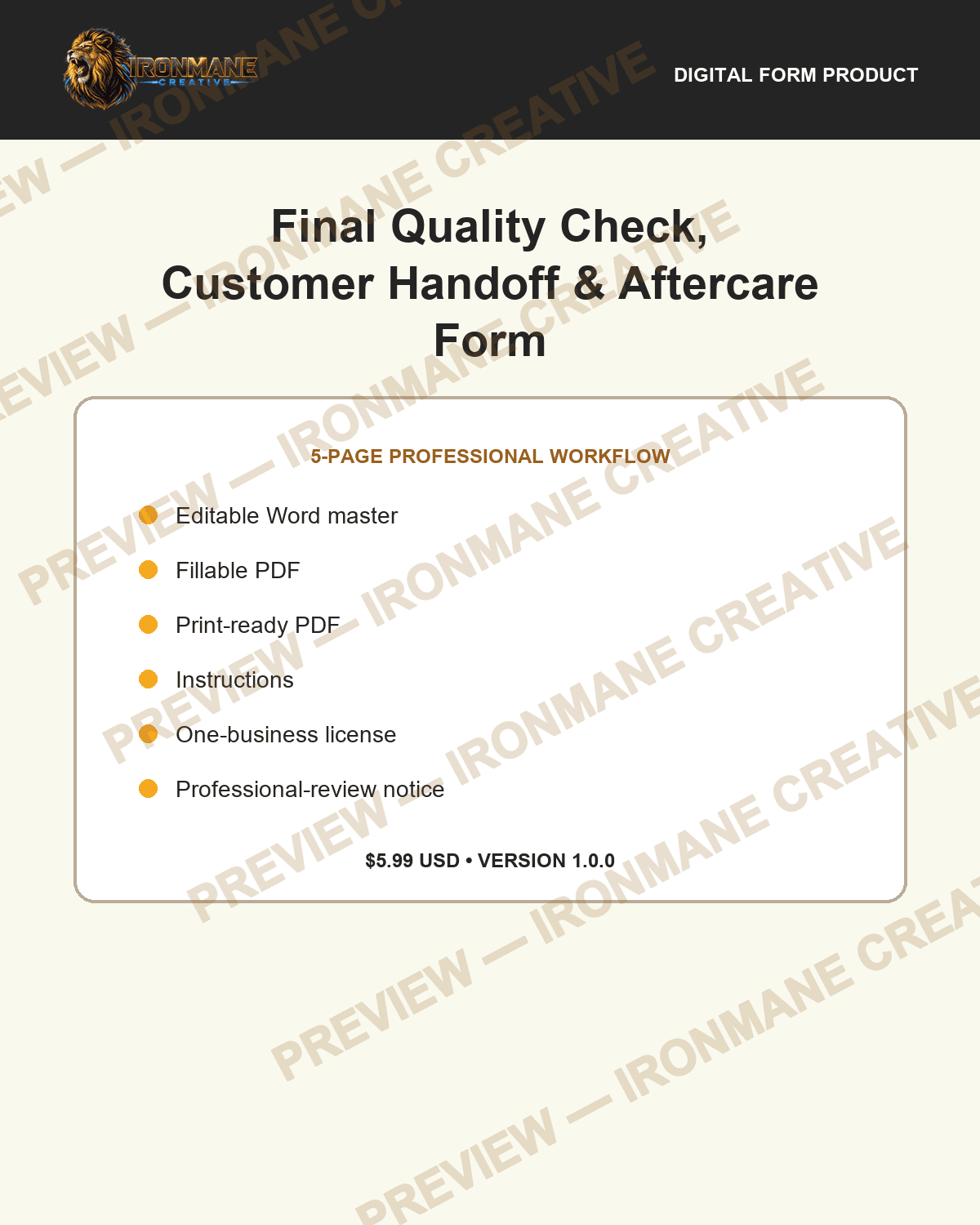 Watermarked cover preview of Final Quality Check, Customer Handoff & Aftercare Form