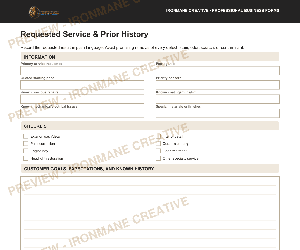Watermarked partial interior preview of Customer Intake & Vehicle Condition Inspection: Requested service and prior history excerpt