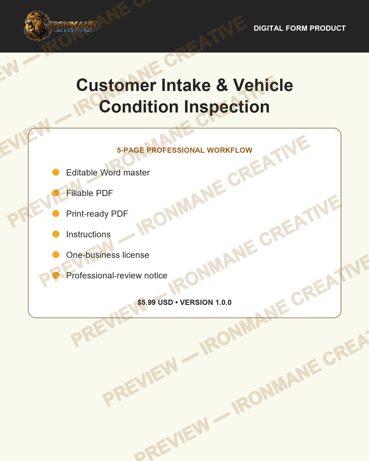 Watermarked cover preview of Customer Intake & Vehicle Condition Inspection