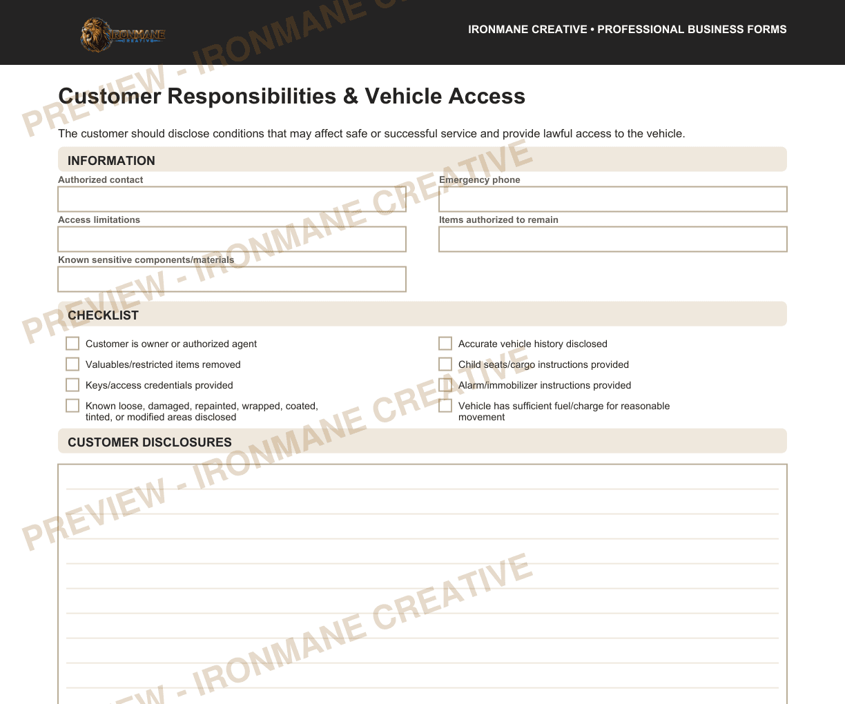 Watermarked partial interior preview of Detailing Service Agreement & Liability Waiver: Customer responsibilities and vehicle access excerpt