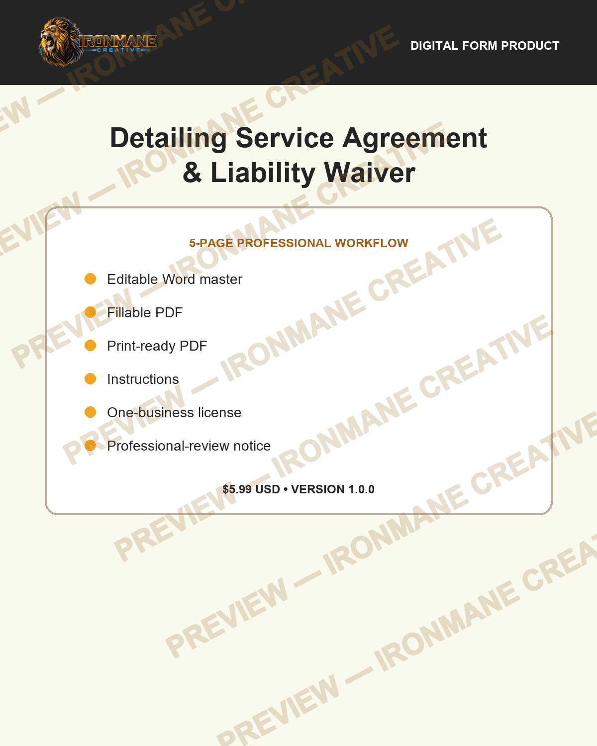 Watermarked cover preview of Detailing Service Agreement & Liability Waiver