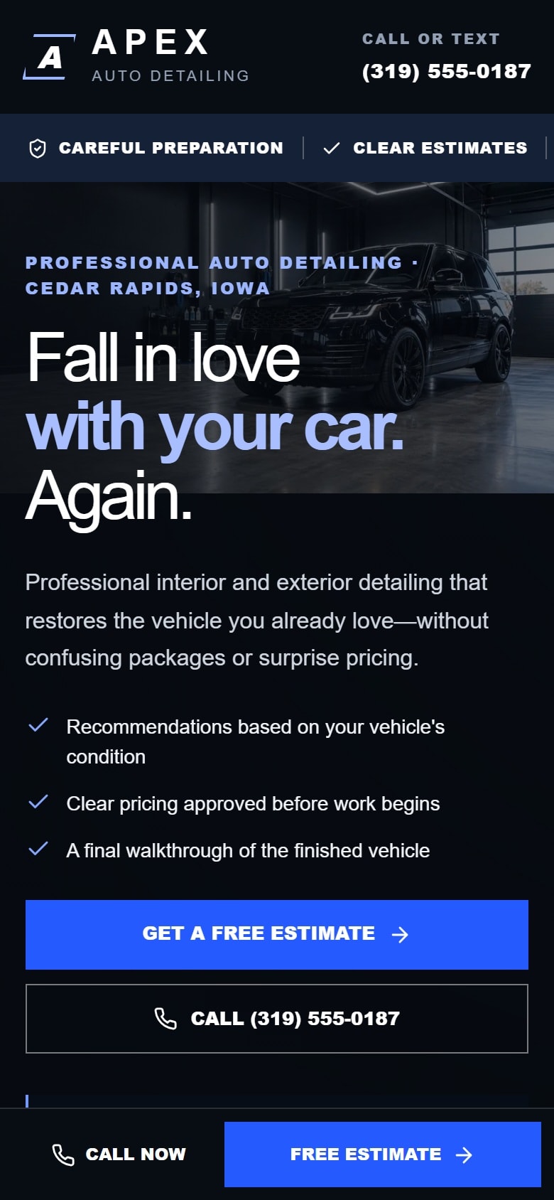Apex Auto Detailing website on a phone