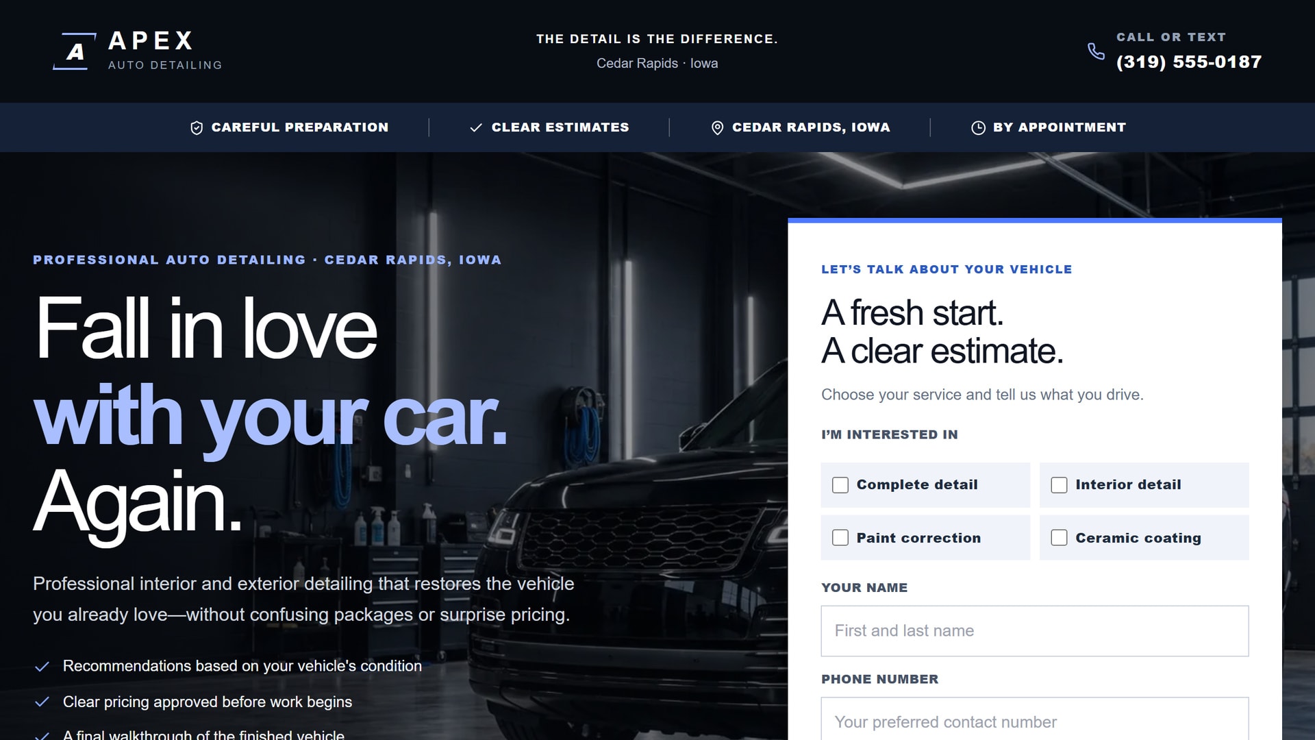 Apex Auto Detailing landing page