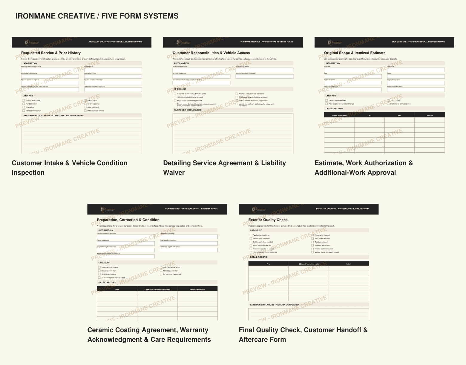 Watermarked partial interior preview of Detailing Essential Forms Bundle: Watermarked excerpts from all five included form systems
