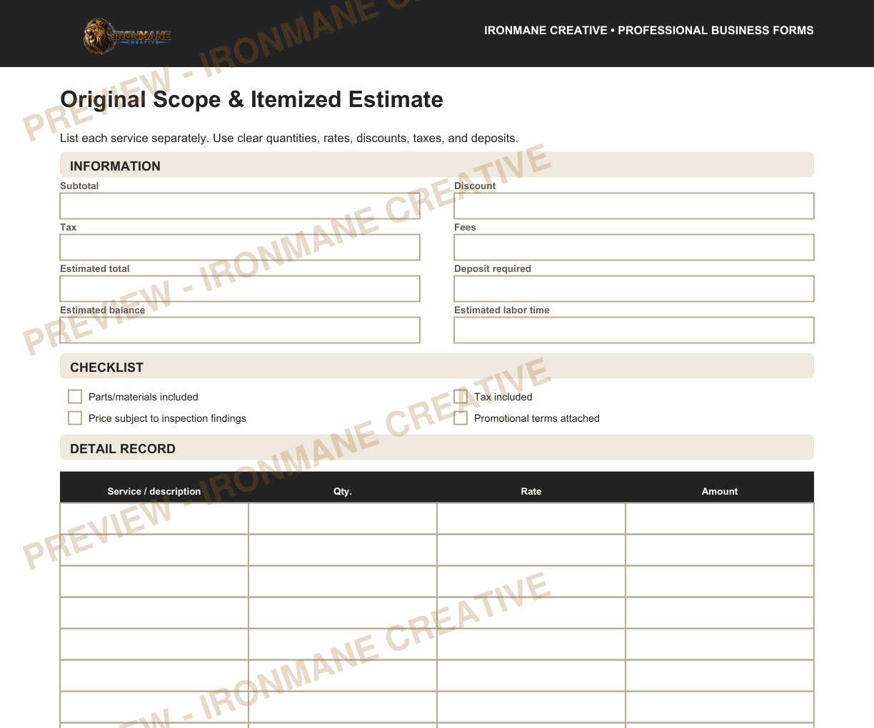 Watermarked partial interior preview of Estimate, Work Authorization & Additional-Work Approval: Original scope and itemized estimate excerpt