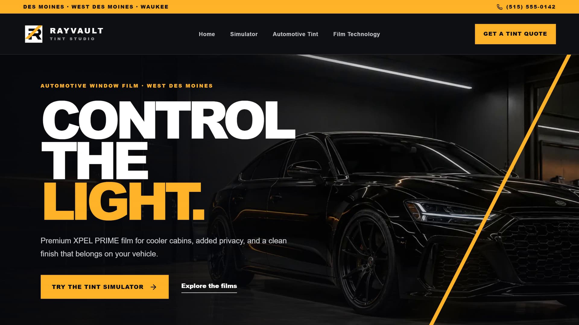 Rayvault Tint Studio website shown on a desktop screen