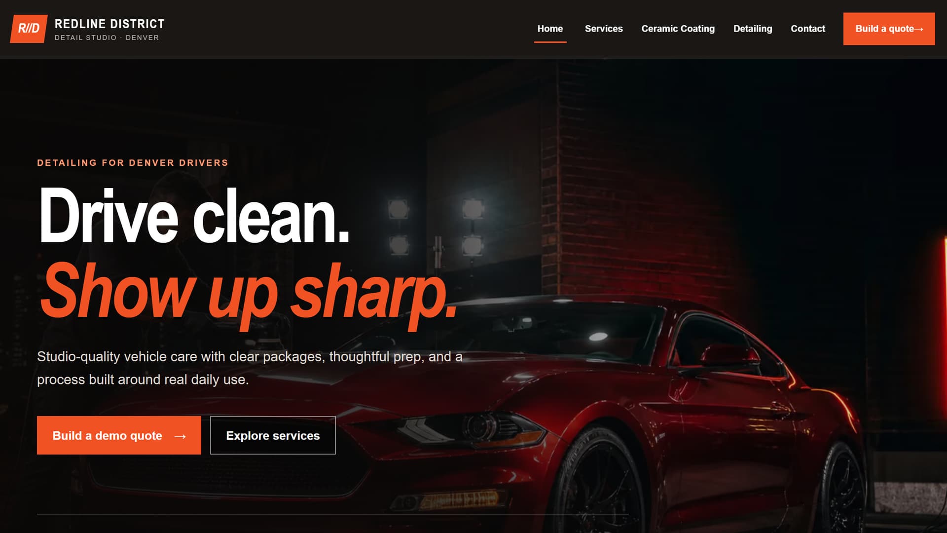 Redline District Detail website shown on a desktop screen