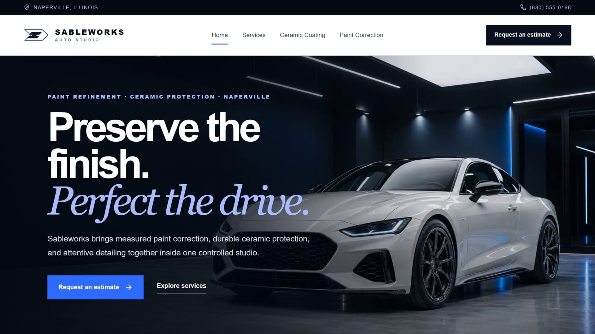 Sableworks Auto Studio website shown on a desktop screen